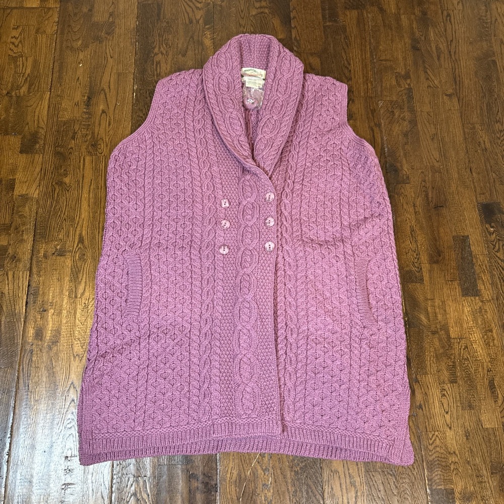 Aran Craft Plum Merino Wool Double Breasted Button Front Vest Cable Sweater New